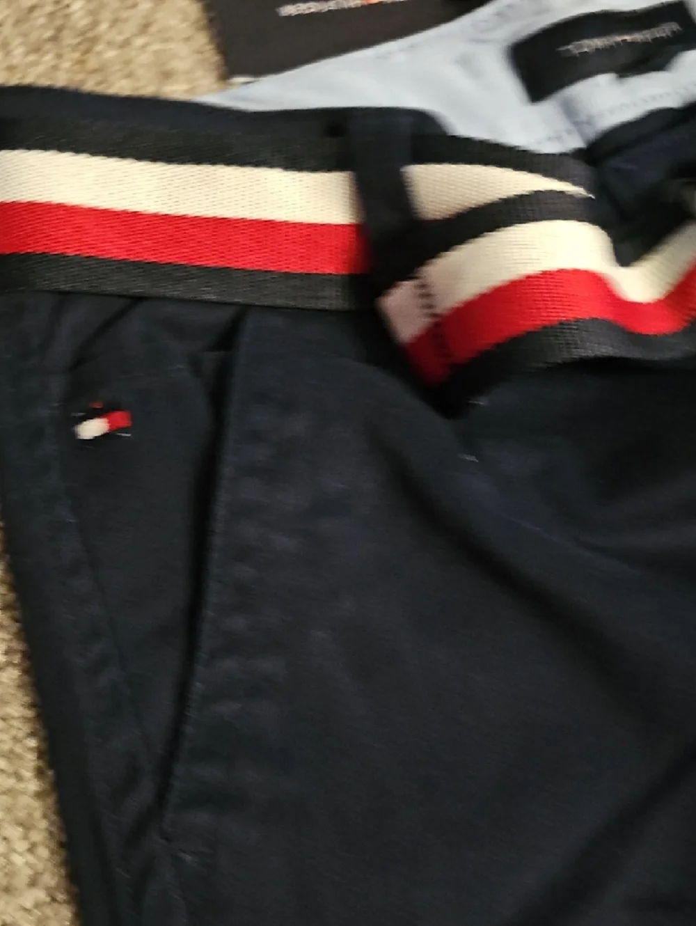 SS💜🔹️Tommy Hilfiger Navy Chino Shorts with Red-White Striped Woven Belt